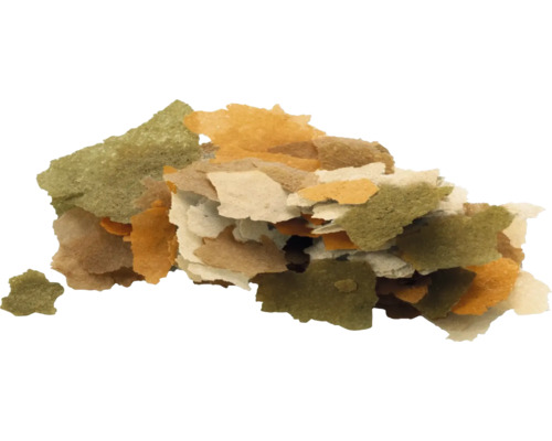 Vícebarevné vločkové krmivo pro okrasné ryby v různých tvarech a velikostech.
