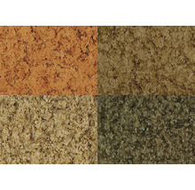 Detailní záběr na čtyři různé druhy vločkového krmiva pro ryby.