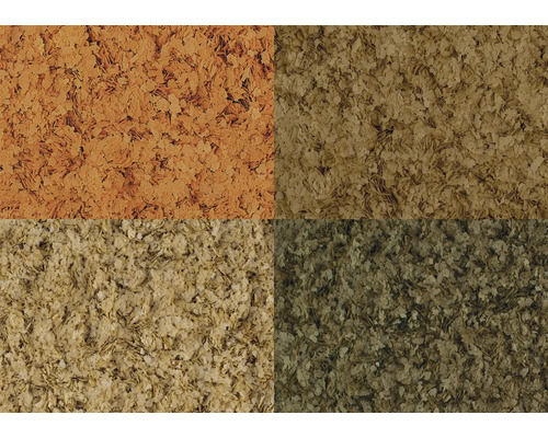 Detailní záběr na čtyři různé druhy vločkového krmiva pro ryby.