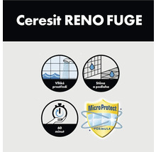 Vlastnosti Ceresit Reno Fuge: vhodné pro vlhké prostředí, na stěny a podlahy, zaschne za 60 minut, s formulí MicroProtect.