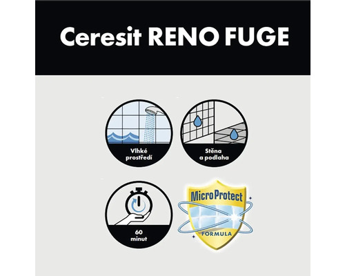 Vlastnosti Ceresit Reno Fuge: vhodné pro vlhké prostředí, na stěny a podlahy, zaschne za 60 minut, s formulí MicroProtect.