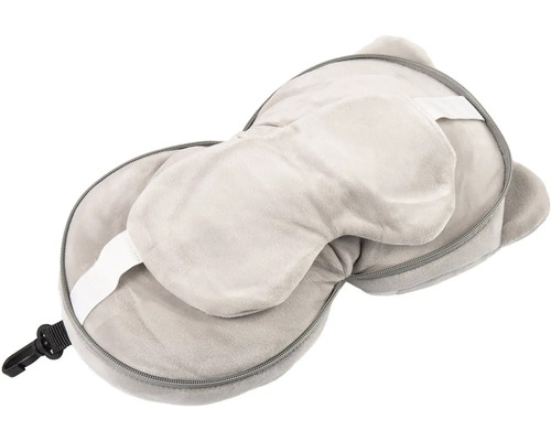 Cestovní polštář s integrovanou maskou na spaní, měkký látkový potah, zip a spona na připevnění.