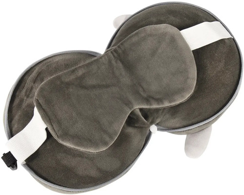 Šedá plyšová cestovní sada s nákrčníkem a maskou na spaní.