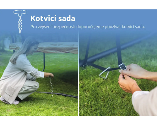 Kotvicí sada pro trampolíny pro zvýšení bezpečnosti se zemními kotvami a upevňovacími popruhy na trávníku.