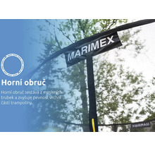 Detail horní obruče trampolíny Marimex s ochrannou sítí pro vyšší pevnost konstrukce. Marimex Logo.