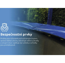 Bezpečnostní prvky trampolíny s ochranným krytem pružin, skákací plochou a bezpečnostní sítí.