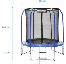 Trampolína Marimex s ochrannou sítí a žebříkem, průměr 183 centimetrů, celková výška 200 centimetrů, výška rámu 50 centimetrů.