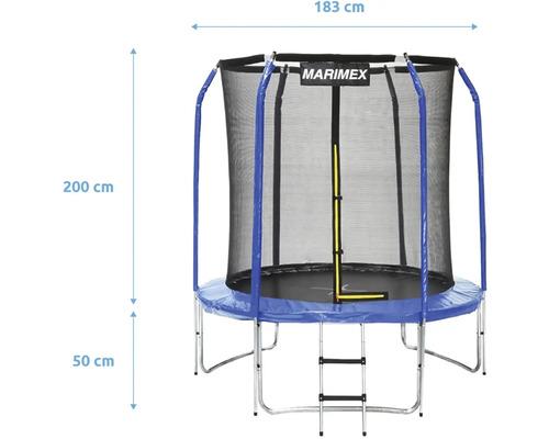 Trampolína Marimex s ochrannou sítí a žebříkem, průměr 183 centimetrů, celková výška 200 centimetrů, výška rámu 50 centimetrů.