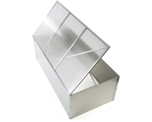 Pařeniště z kovu s výklopným víkem z průhledných polykarbonátových desek pro zahradu.