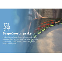 Detailní záběr trampolíny zaměřený na bezpečnostní prvky, jako je ochranná síť a kryt pružin.