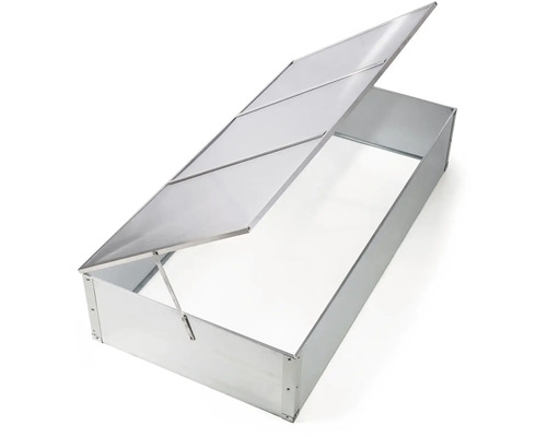 Pařeniště z hliníku s vyklápěcím víkem a průhlednými deskami.