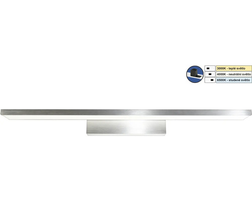 LED zrcadlové svítidlo z kartáčovaného kovu s nastavitelnou teplotou barvy 3000 Kelvinů, 4000 Kelvinů a 6500 Kelvinů.