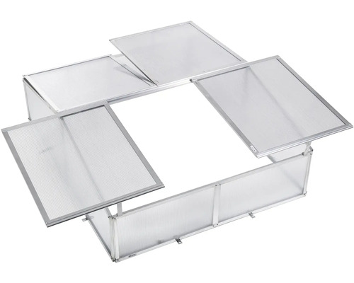 Pařeniště z hliníku se čtyřmi výklopnými polykarbonátovými komůrkovými deskami pro větrání.