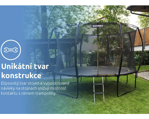 Zahradní trampolína Marimex s ochrannou sítí, žebříkem a eliptickými polstrovanými tyčemi konstrukce na trávníku.