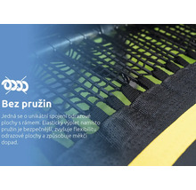 Detailní pohled na bezpružinovou trampolínu s elastickým výpletem pro vyšší bezpečnost a měkčí dopad.