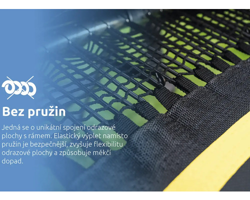 Detailní pohled na bezpružinovou trampolínu s elastickým výpletem pro vyšší bezpečnost a měkčí dopad.
