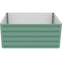 Obdélníkový kovový vyvýšený záhon v zelené barvě s vodorovnými drážkami.