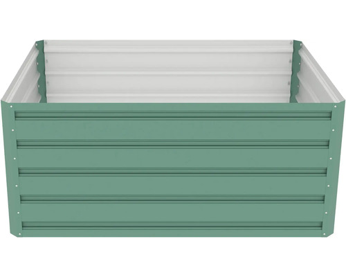 Obdélníkový kovový vyvýšený záhon v zelené barvě s vodorovnými drážkami.