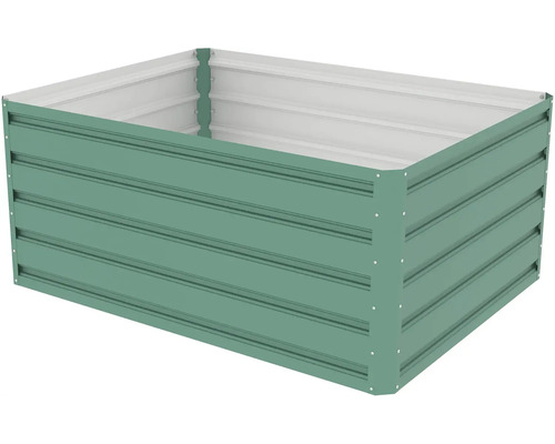 Obdélníkový vyvýšený záhon z vlnitého kovu v šalvějově zelené barvě