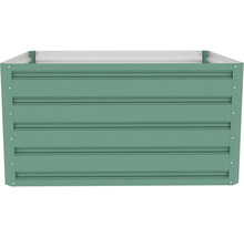 Obdélníkový kovový vyvýšený záhon se žebrovanou strukturou v zelené barvě.