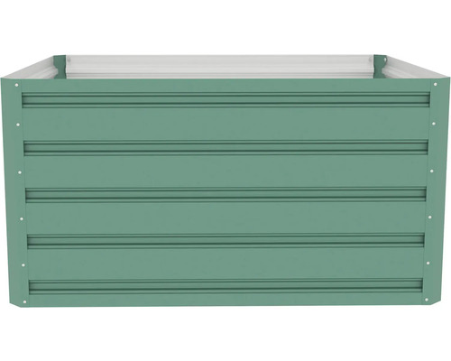 Obdélníkový kovový vyvýšený záhon se žebrovanou strukturou v zelené barvě.