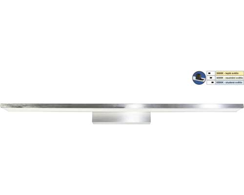 Lineární nástěnné LED svítidlo z kovu v chromu s nastavitelnou teplotou barev 3000 Kelvinů, 4000 Kelvinů a 6500 Kelvinů.