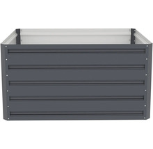 Obdélníkový kovový vyvýšený záhon v antracitové barvě s horizontální rýhovanou strukturou.