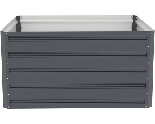 Obdélníkový kovový vyvýšený záhon v antracitové barvě s horizontální rýhovanou strukturou.