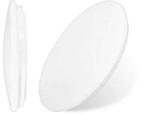 Kulaté bílé stropní nebo nástěnné LED svítidlo v bočním a šikmém předním pohledu.