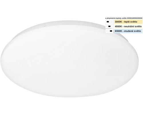 Kulaté bílé LED stropní svítidlo s nastavitelnou teplotou barev od 3000 Kelvinů do 6500 Kelvinů.