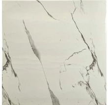 Čtvercová dlaždice v bílém mramorovém vzhledu s šedým žilkováním.