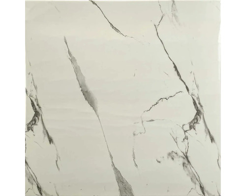 Čtvercová dlaždice v bílém mramorovém vzhledu s šedým žilkováním.