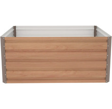 Obdélníkový vyvýšený záhon z kovu v dekoru dřeva s vodorovnými lamelami.