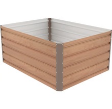 Obdélníkový kovový vyvýšený záhon v dekoru dřeva s hnědými rohovými profily.