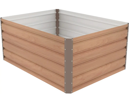 Obdélníkový kovový vyvýšený záhon v dekoru dřeva s hnědými rohovými profily.