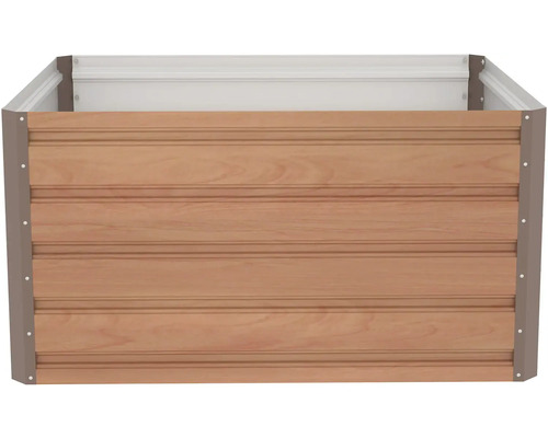 Kovový vyvýšený záhon s panely v dekoru dřeva a stabilními rohovými sloupky.