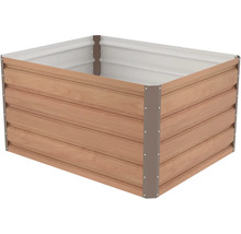 Kovový vyvýšený záhon se vzhledem dřeva, obdélníkový.