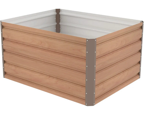 Kovový vyvýšený záhon se vzhledem dřeva, obdélníkový.