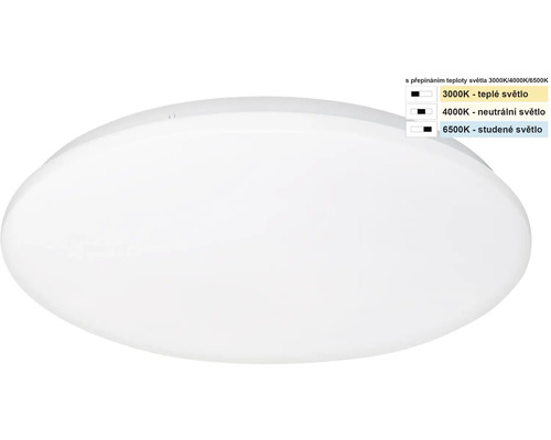 Kulaté bílé stropní LED svítidlo s nastavitelnou teplotou barev od 3000 Kelvinů do 6500 Kelvinů.