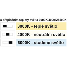 Nastavení teploty barev mezi 3000 Kelvinů teplá bílá, 4000 Kelvinů neutrální bílá a 6000 Kelvinů studená bílá.