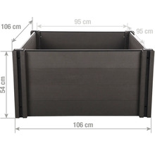 Vyvýšený záhon s vnějšími rozměry 106 krát 106 krát 54 centimetrů a vnitřními rozměry 95 krát 95 centimetrů.