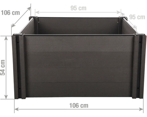 Vyvýšený záhon s vnějšími rozměry 106 krát 106 krát 54 centimetrů a vnitřními rozměry 95 krát 95 centimetrů.