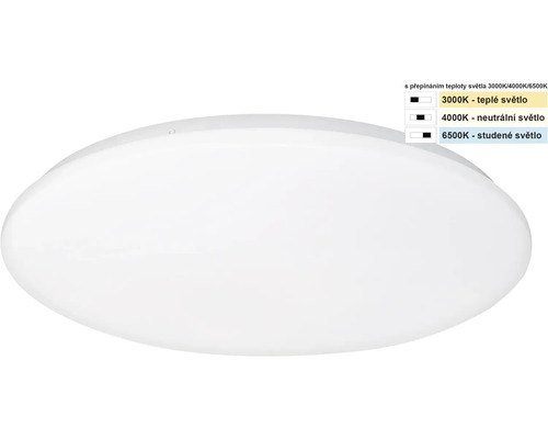 Kulaté bílé LED stropní svítidlo s nastavitelnou teplotou barvy světla 3000 Kelvinů, 4000 Kelvinů a 6500 Kelvinů.