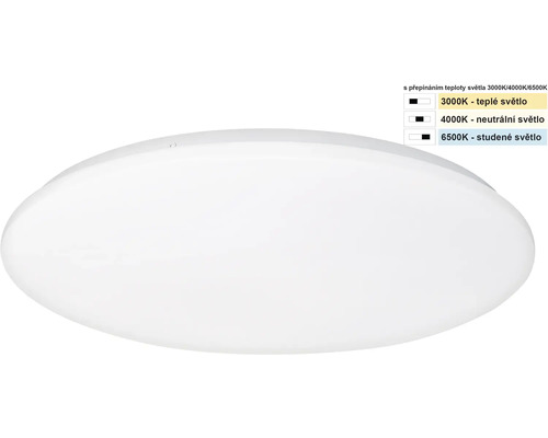 Kulaté stropní svítidlo s nastavitelnou teplotou barvy 3000 Kelvinů, 4000 Kelvinů a 6500 Kelvinů.