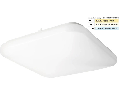 Čtvercové LED stropní svítidlo s oblými rohy a nastavitelnou teplotou barev od 3000 do 6500 Kelvinů.