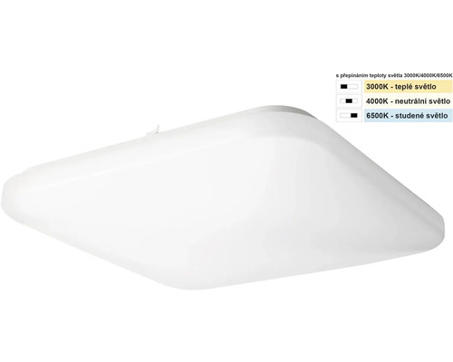 Čtvercové LED stropní svítidlo se zaoblenými rohy a nastavitelnou teplotou barvy světla od 3000 do 6500 Kelvinů.