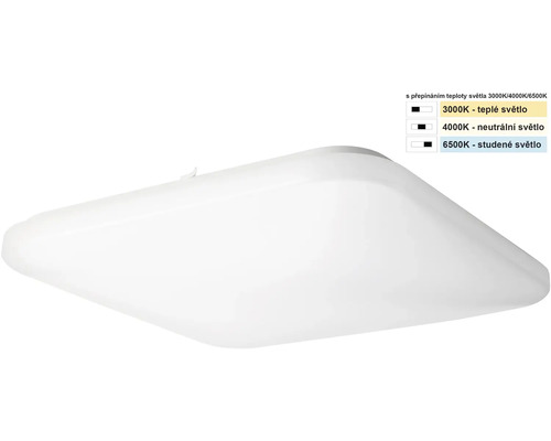 Čtvercové stropní svítidlo s nastavitelnou teplotou barvy světla 3000 až 6500 Kelvinů.