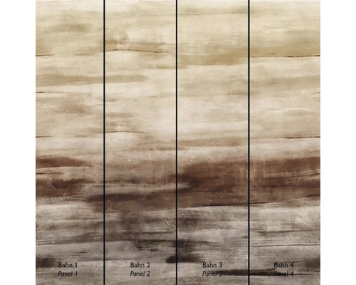 Abstraktní fototapeta s horizontálními tahy štětcem v hnědých tónech, rozdělená do čtyř očíslovaných pruhů.