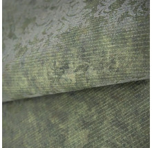 Strukturovaná vliesová tapeta s ornamentálním vzorem a jemnou linkovou strukturou v zelené a šedé barvě.