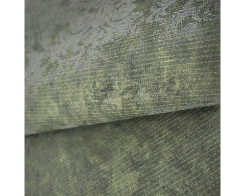 Strukturovaná vliesová tapeta s ornamentálním vzorem a jemnou linkovou strukturou v zelené a šedé barvě.